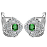 Green Square CZ Rhombus Halo Leverback Earrings