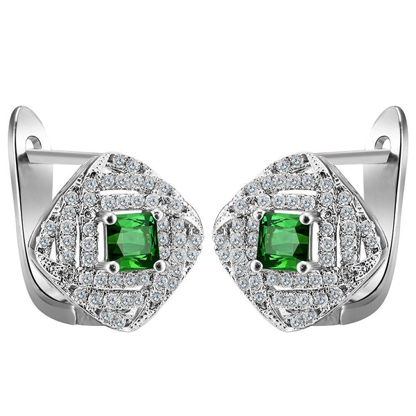 Green Square CZ Rhombus Halo Leverback Earrings