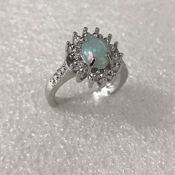 Opal-Look Oval CZ Sunburst Halo Ring
