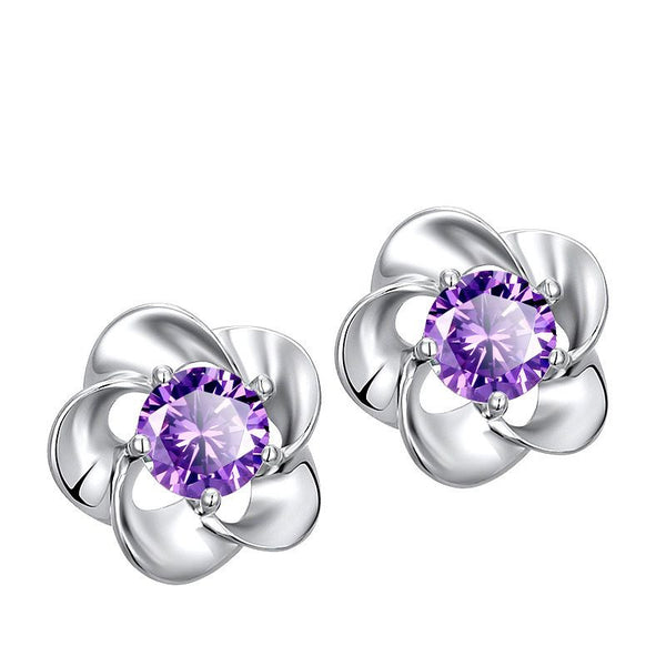 Purple Round CZ Swirl Petal Flower Stud Earrings