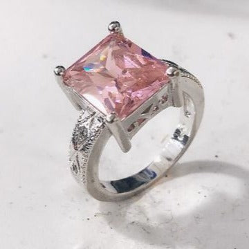 Pink Princess-Cut CZ Engraved Shank Ring
