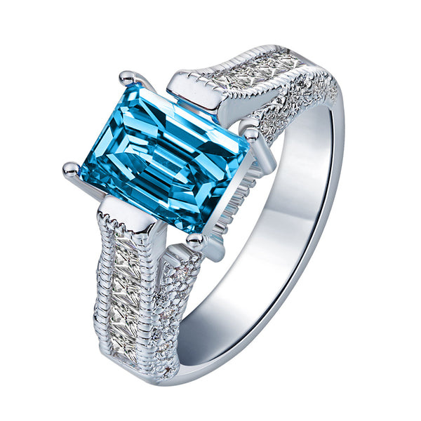 Aqua Emerald-Cut CZ Pavé Shank Ring