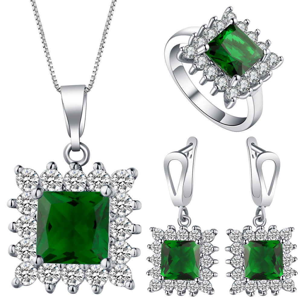 Emerald-Green Square CZ Starburst Halo Jewelry Set