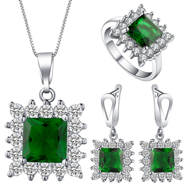 Emerald-Green Square CZ Starburst Halo Jewelry Set