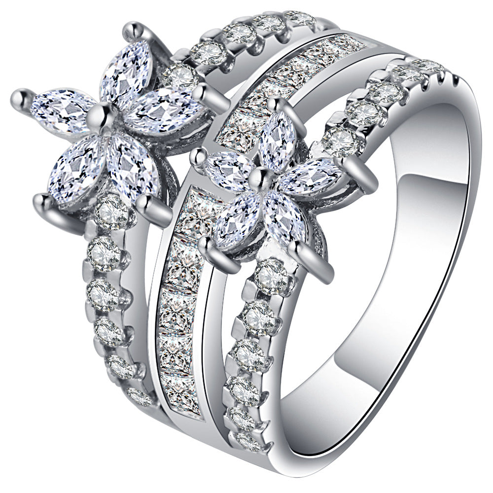 Marquise CZ Double Flower Three-Row Ring