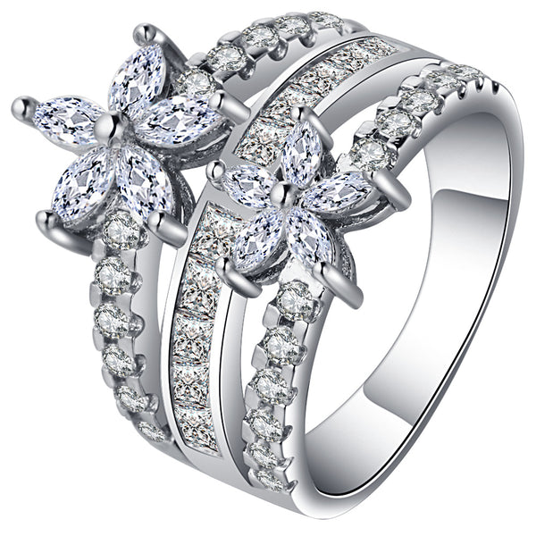Marquise CZ Double Flower Three-Row Ring
