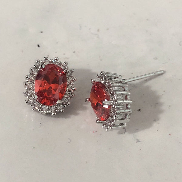Red Oval CZ Halo Stud Earrings