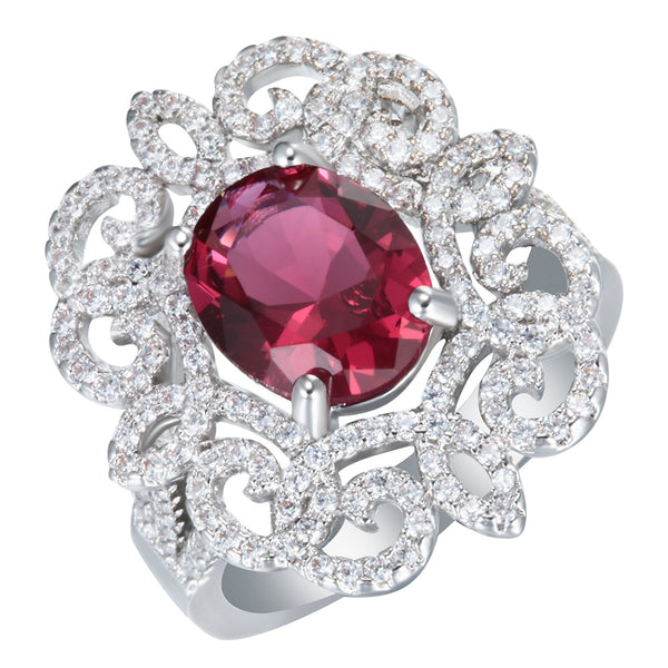 Ruby-Red Oval CZ Scroll Lace Ring