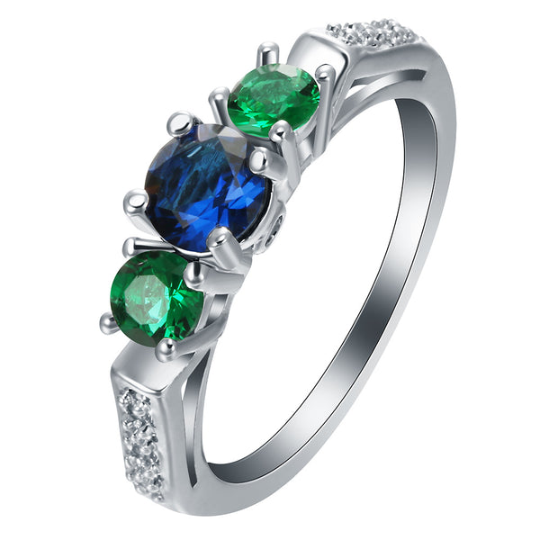 Sapphire-Blue and Green CZ Five-Stone Ring