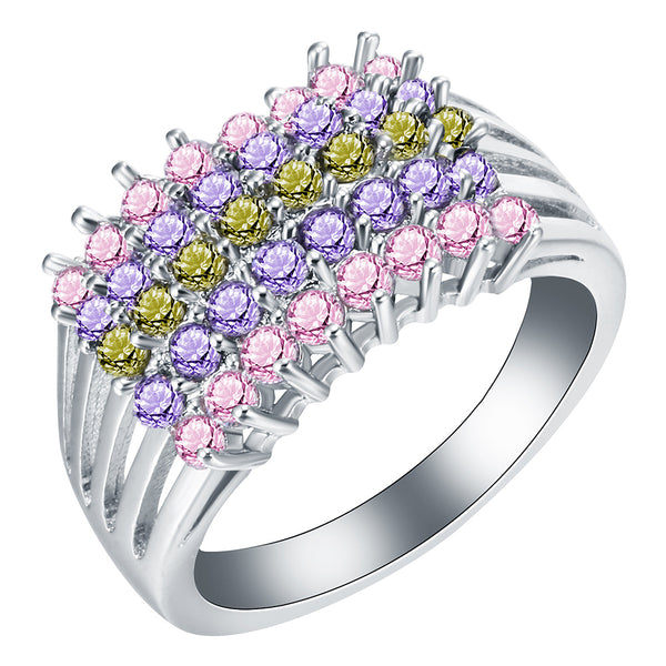 Pink Purple Olive CZ Four-Row Cluster Ring