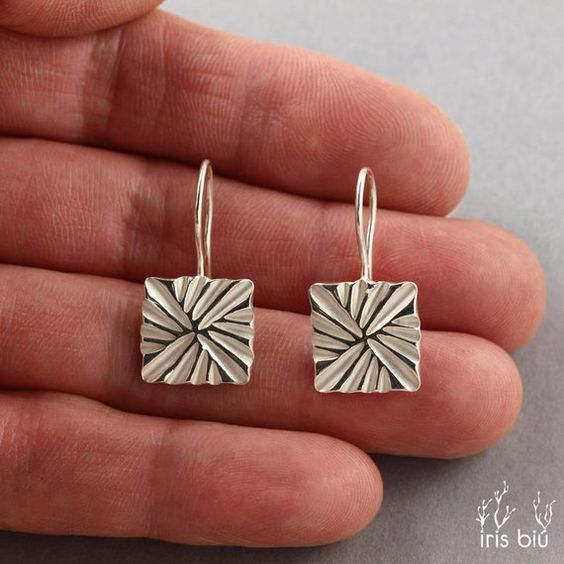 Antique Silver Square Sunburst Drop Earrings