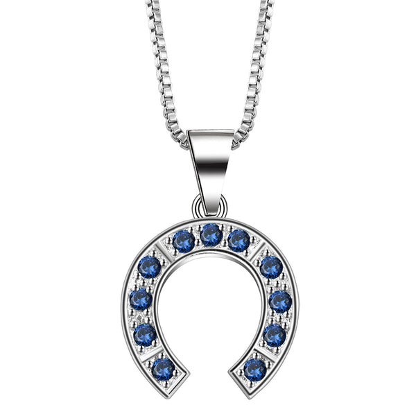 Sapphire-Blue CZ Horseshoe Pendant Necklace