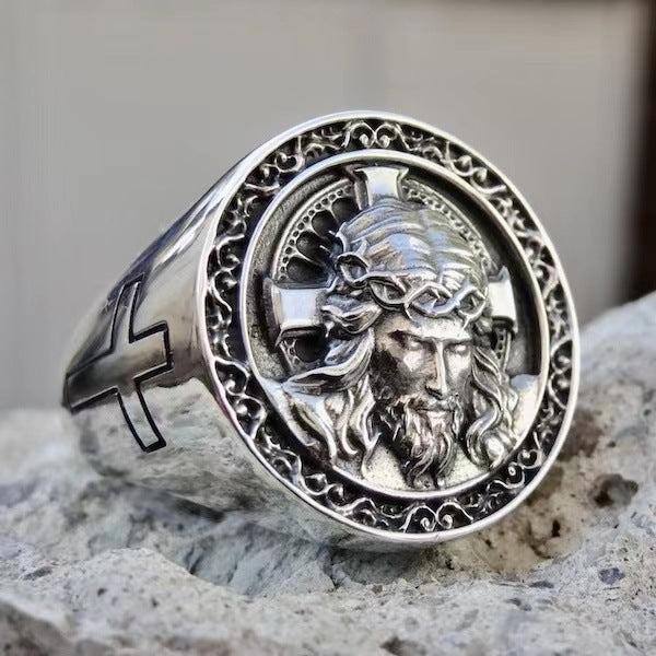 Jesus Medallion Cross Signet Ring