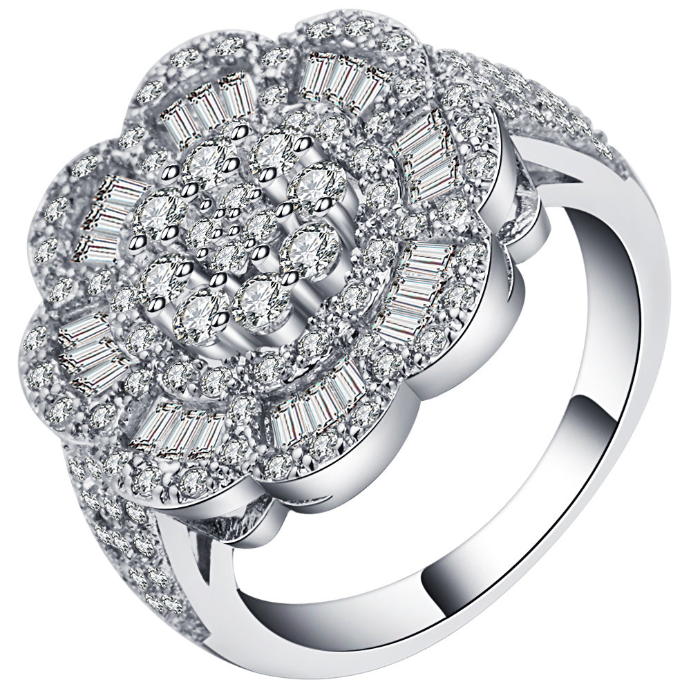 Pavé Baguette CZ Rose Flower Statement Ring