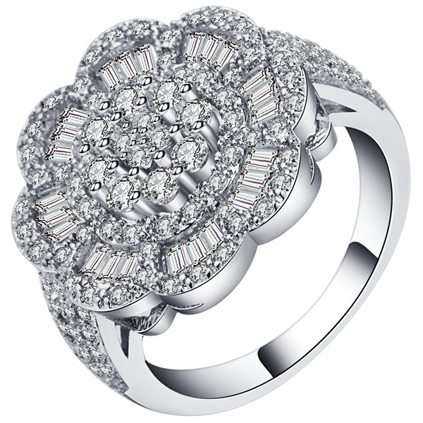 Pavé Baguette CZ Rose Flower Statement Ring