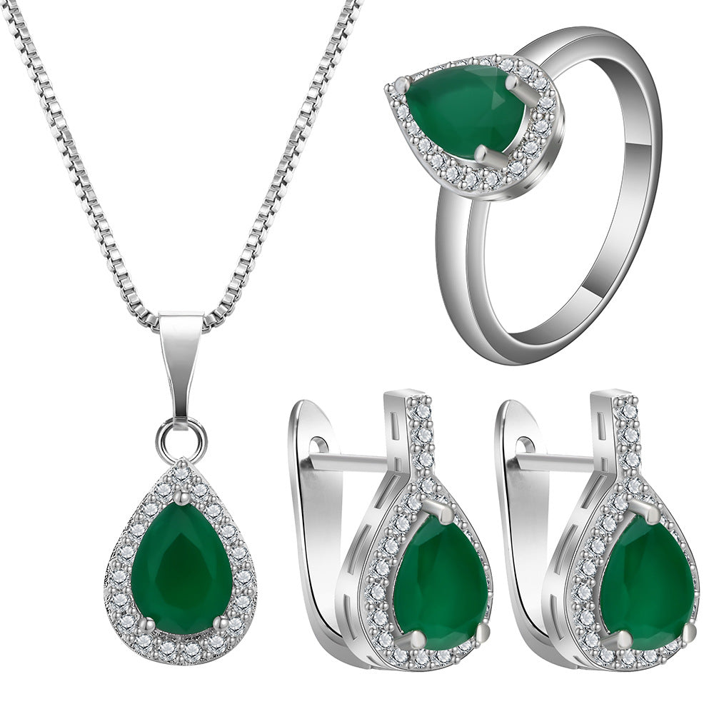 Emerald-Green Pear CZ Halo Jewelry Set