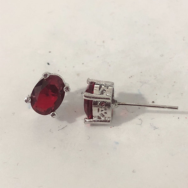 Ruby-Red Oval CZ Solitaire Stud Earrings