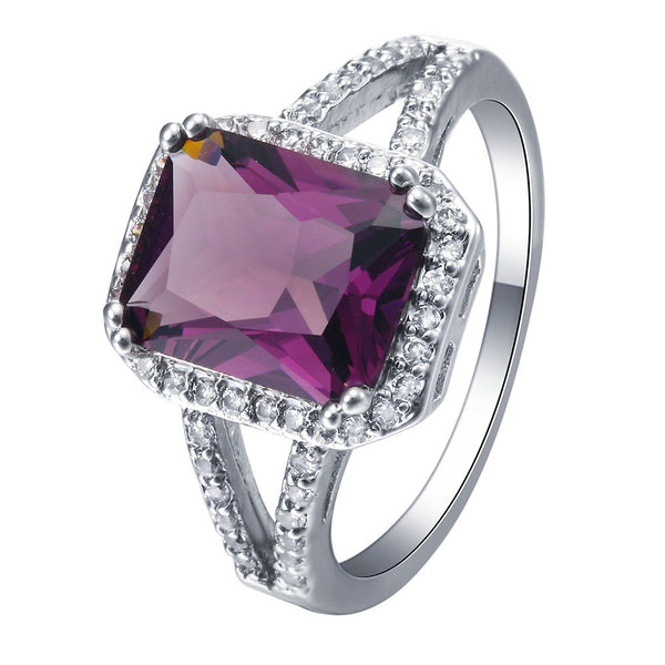 Purple Emerald-Cut CZ Halo Split Shank Ring