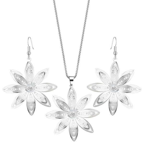 Lotus Flower Pendant Necklace and Earrings Set