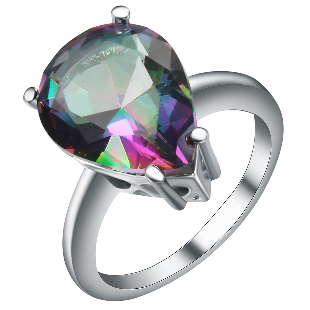 Rainbow Mystic Pear CZ Solitaire Ring