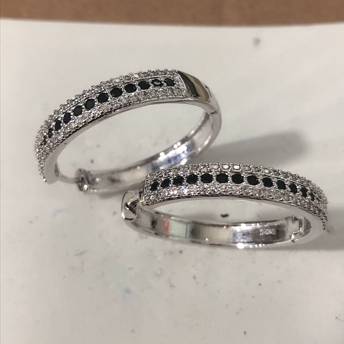Black and Clear CZ Double-Row Hoop Earrings