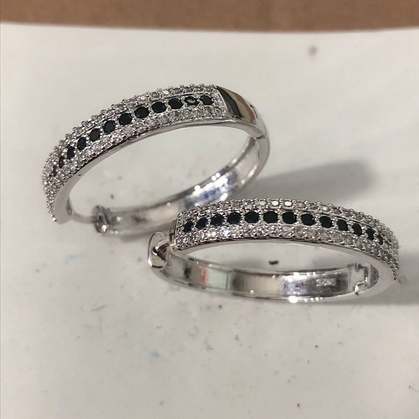 Black and Clear CZ Double-Row Hoop Earrings