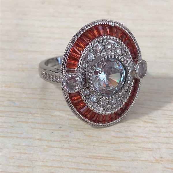 Art Deco Round CZ Red Baguette Halo Ring