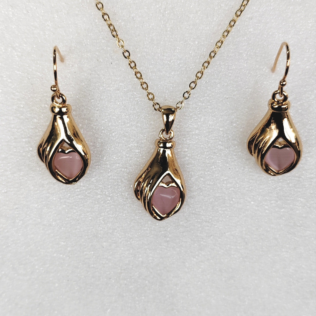 Gold Tulip Pink Stone Necklace and Earrings Set