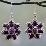 Purple Pear Stone Starflower Hook Earrings