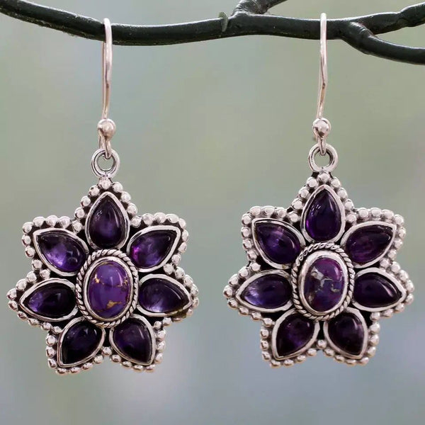 Purple Pear Stone Starflower Hook Earrings
