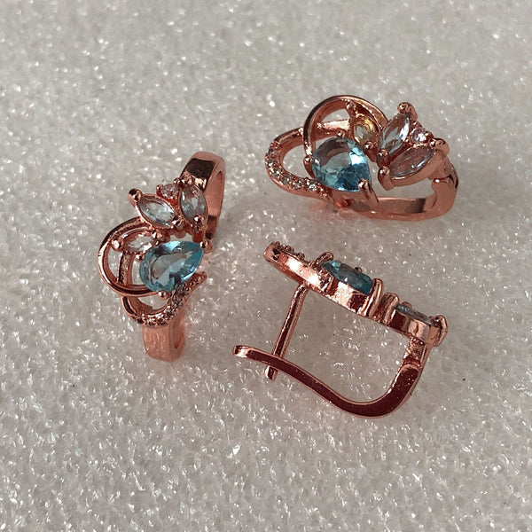 Aqua CZ Crown Motif Rose-Tone Jewelry Set