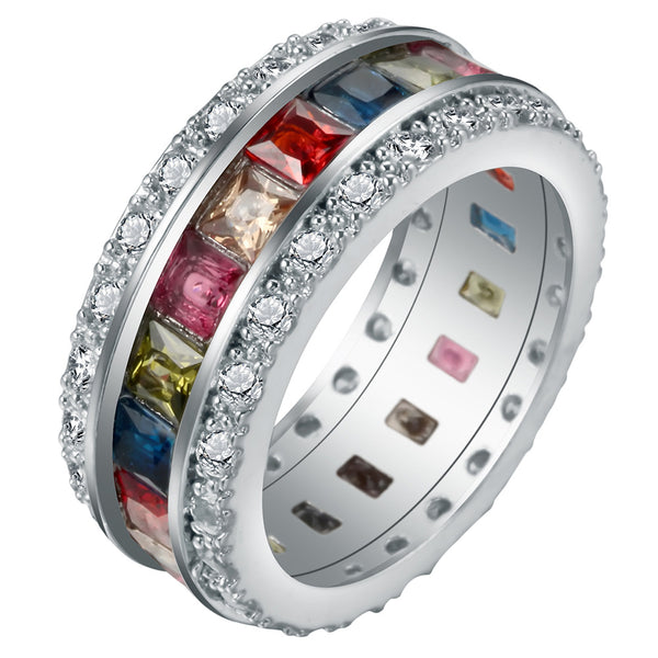 Rainbow Baguette CZ Channel Eternity Band