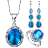 Aqua Oval CZ Halo Triple-Drop Jewelry Set
