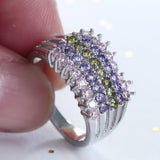 Pink Purple Olive CZ Four-Row Cluster Ring