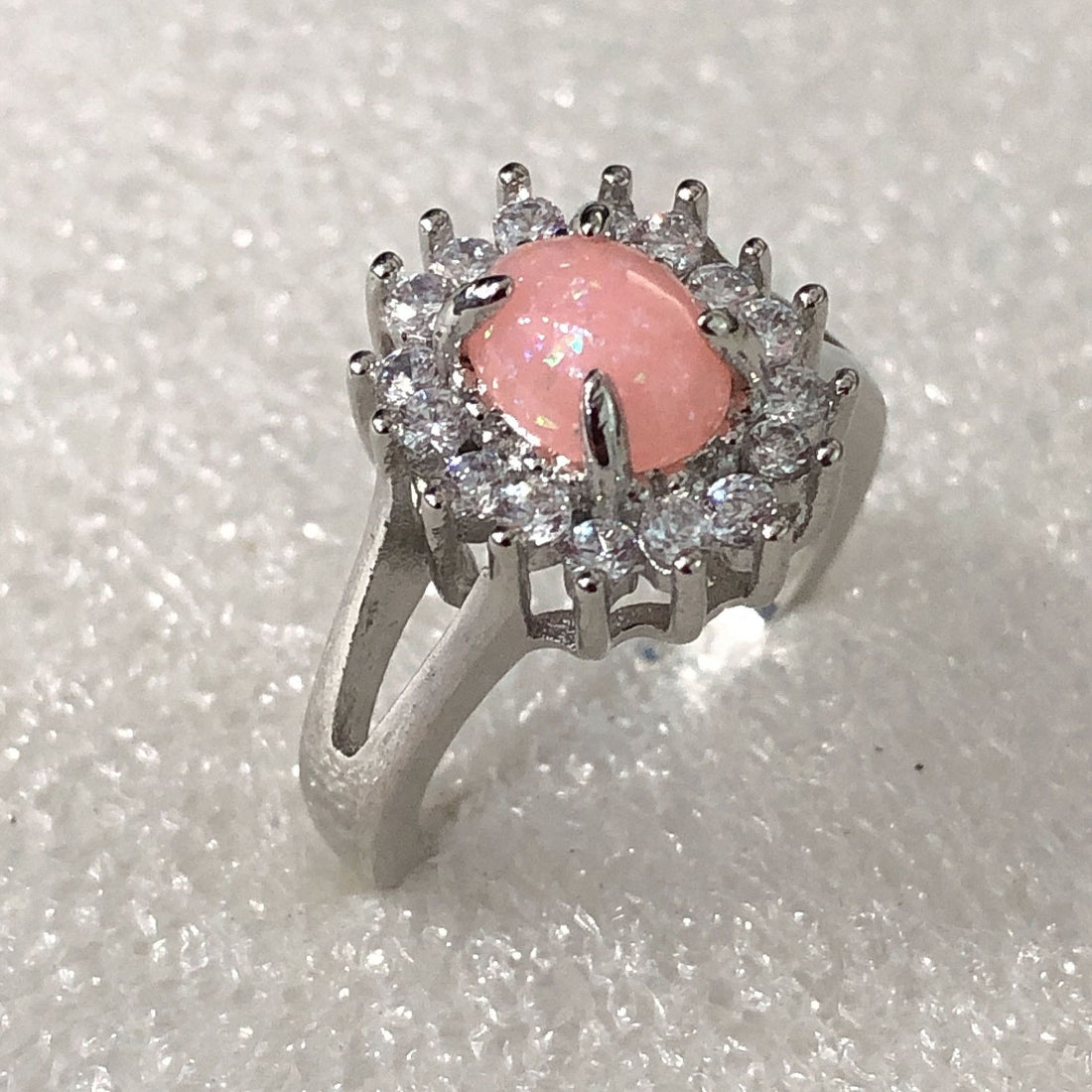 Pink Cabochon Round CZ Halo Ring