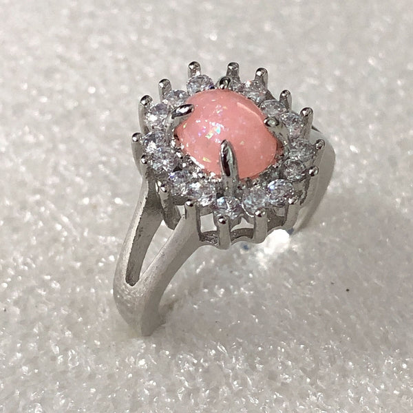 Pink Cabochon Round CZ Halo Ring