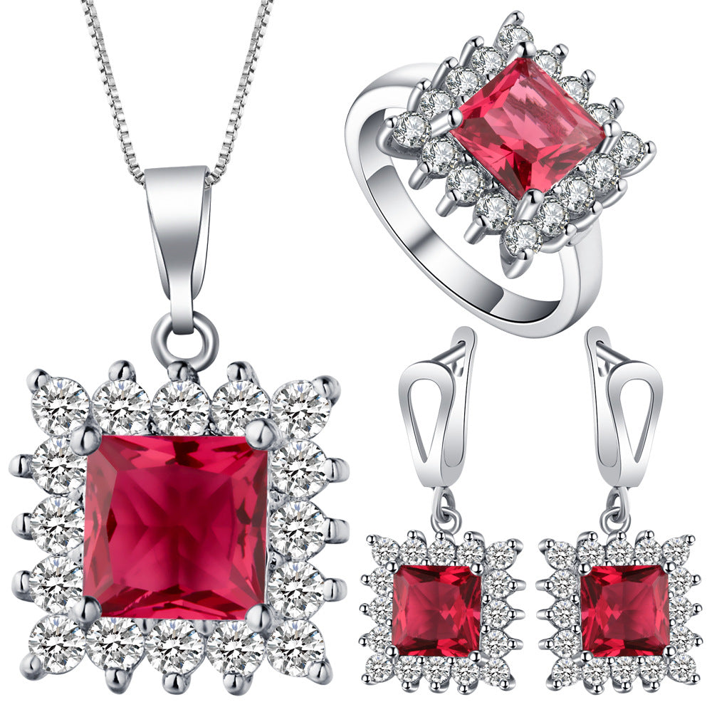 Ruby-Red Princess CZ Starburst Halo Jewelry Set
