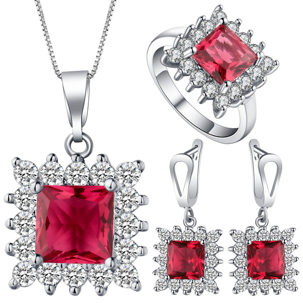 Ruby-Red Princess CZ Starburst Halo Jewelry Set
