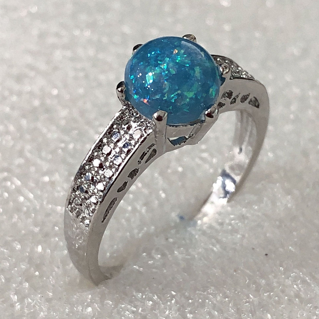 Blue Opal-Look Round Cabochon Pavé Ring