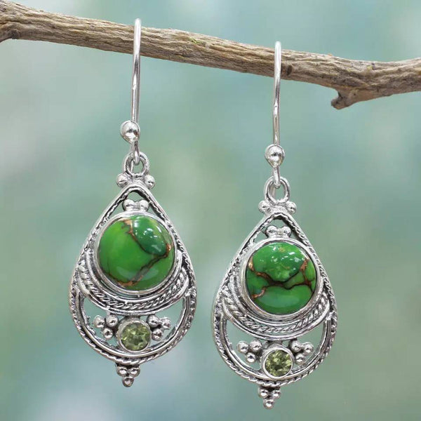 Green Turquoise-Look Antique Teardrop Hook Earrings