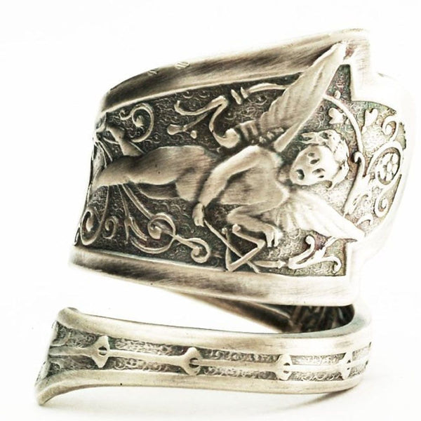 Antique Angel Engraved Spoon Wrap Ring