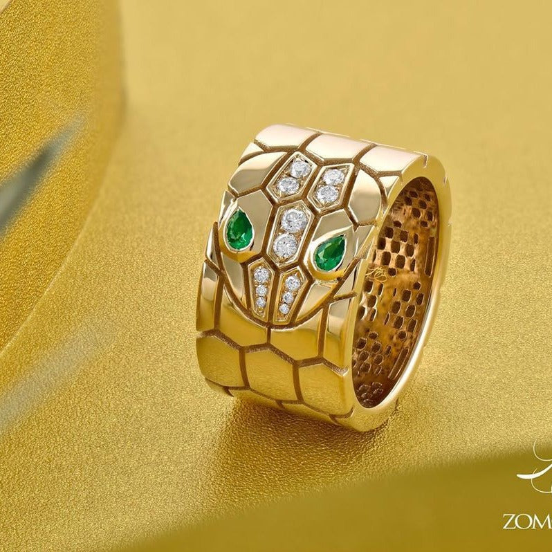 Snake Head Green-Eye Wide Wrap Ring