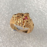 Gold-Tone Lion Figure Red CZ Ring
