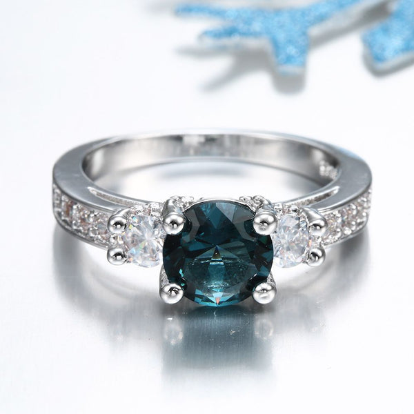 Teal Round CZ Three-Stone Ring