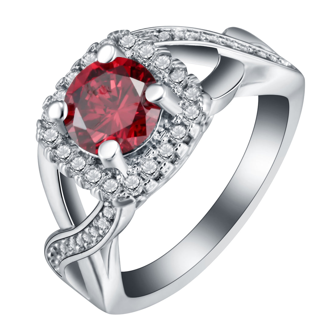 Ruby-Red Round CZ Halo Twist Ring