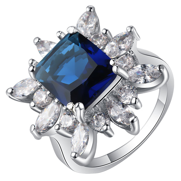 Sapphire-Blue Cushion CZ Marquise Starburst Ring