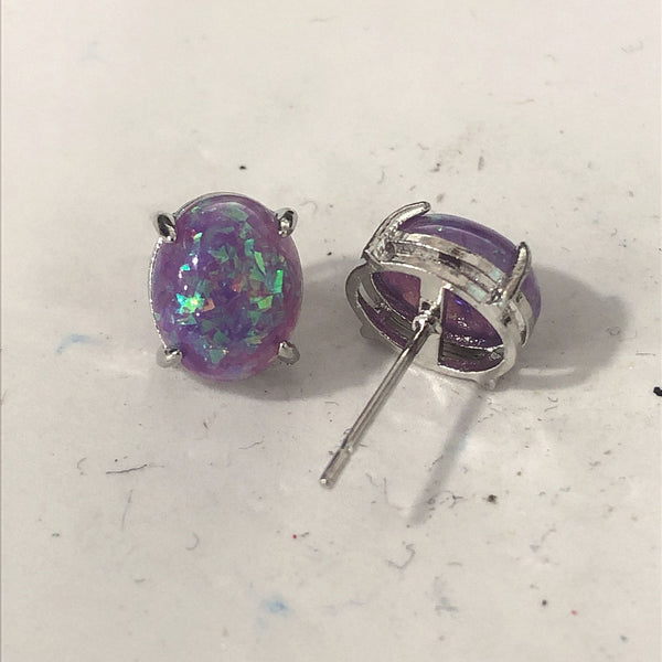 Purple Opal-Look Oval Prong Stud Earrings