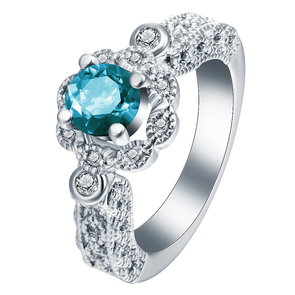 Aqua Round CZ Filigree Halo Ring