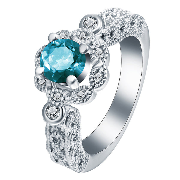 Aqua Round CZ Filigree Halo Ring