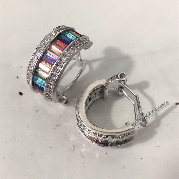 Rainbow Baguette CZ Wide Channel Hoop Earrings